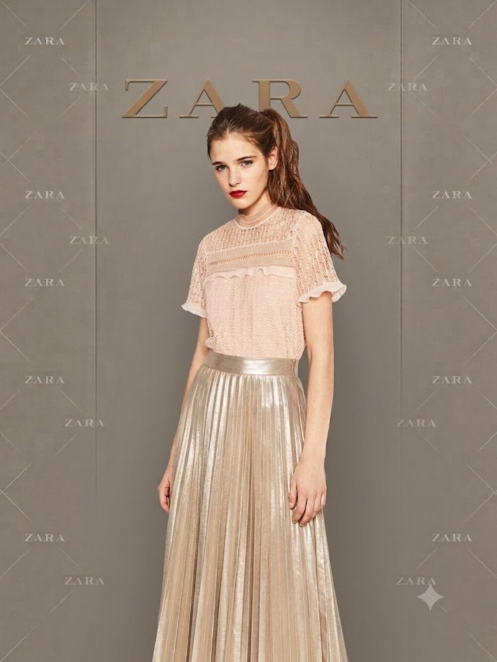 Zara Blush Lace Short Sleeve Crochet Ruffle Mock Neck Blouse - L